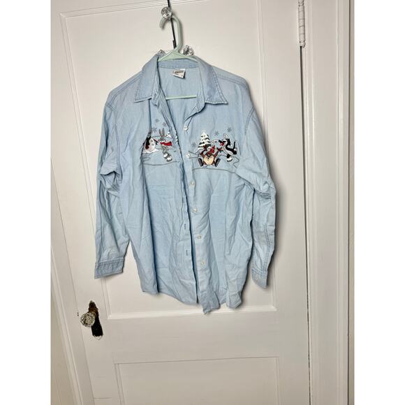 Vintage 90s Looney Tunes Denim Chambray Embroidered Winter Button Down Shirt LG - Picture 1 of 10
